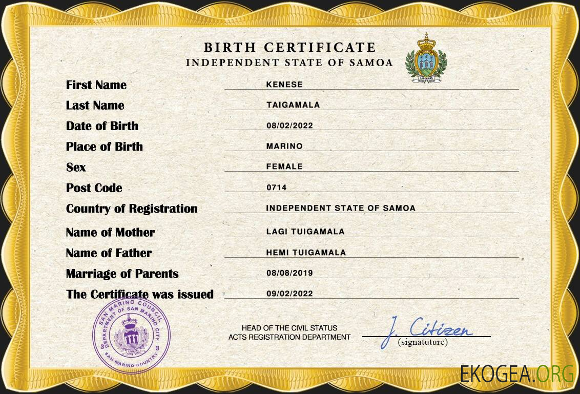 Modèle PSD de certificat de naissance de l'état civil des Samoa